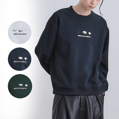 出口日本外贸秋冬男女同款刺绣内拉绒环保保暖宽松圆领长袖卫衣