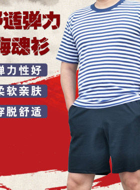 海魂衫男夏季体能训练服套装军迷t恤男蓝白条纹作训短袖迷彩圆领