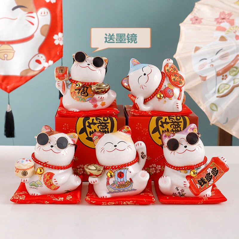 创意可爱招财猫小摆件4.5寸小号陶瓷家居店铺开业发财猫存钱罐