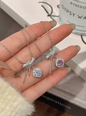 S925纯银蝴蝶结小方糖吊坠项链小众轻奢设计甜美浪漫精致锁骨链女