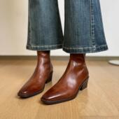 Find First 水洗头层牛皮小方头短靴女粗跟高跟靴子英伦棕色女靴