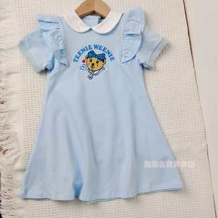 100－140CM夏女童珠地网眼棉翻领木耳花边连衣裙儿童蓝色短袖裙子