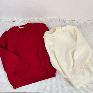 清仓不退换100-140新年冬季 花边领女童加绒毛衣 儿童打底针织衫