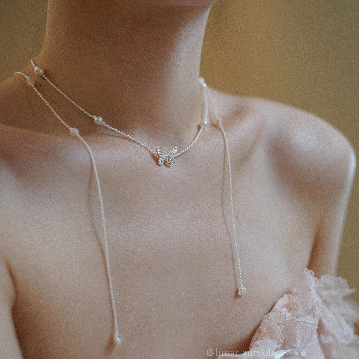 原创白蝴蝶绳链s925银锁骨链小众设计手作清冷气质精致双层颈链
