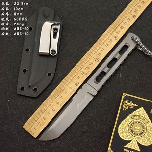 户外直刀一体龙骨AUS 10钢高硬度锋利野外狩猎一体小刀水果刀
