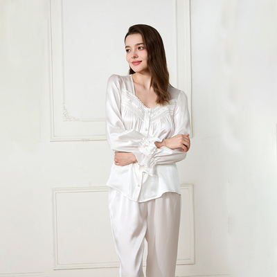 迪普薇真丝睡衣女春秋100%桑蚕丝绸重磅长袖套装法式公主家居服