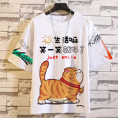 休闲打底衣服圆领落肩流行ins男女潮 T恤半袖 夏季 卡通趣味猫咪短袖