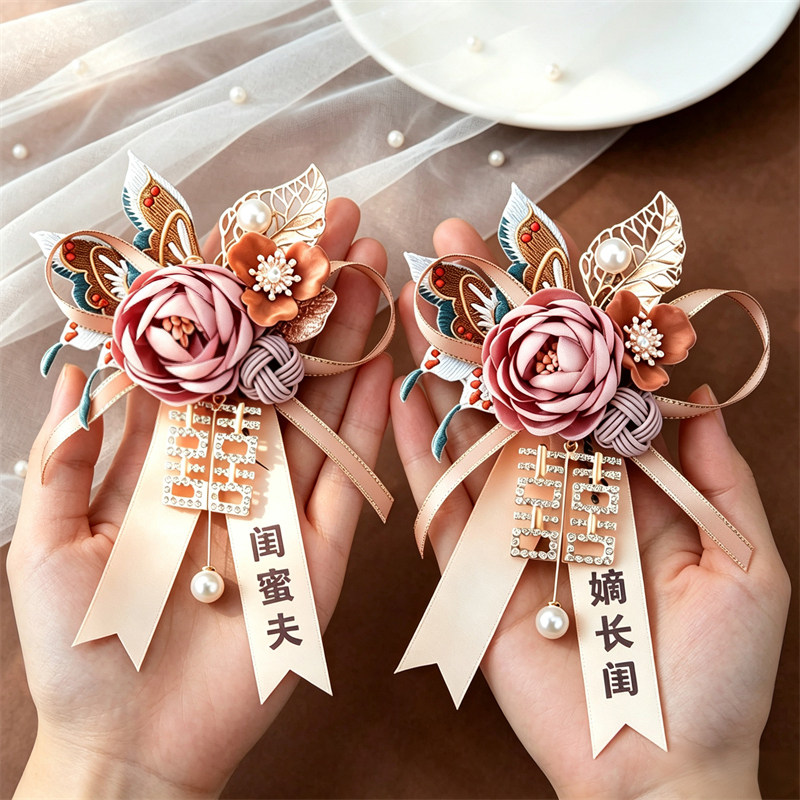 韩式刺绣蝴蝶结婚胸花新郎新娘父母亲婚礼襟花磁吸款伴郎伴娘胸针