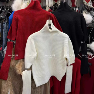 2025冬装新款圣诞穿搭高领坑条针织衫女宽松短袖毛衣配袖套
