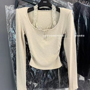 T恤假两件女打底衫 设计感小众挂脖蕾丝拼接长袖 韩版 2025秋冬新款
