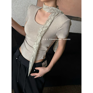 韩版 后背蕾丝拼接u领飘带短袖 新款 纯欲风上衣2026春季 T恤女打底衫