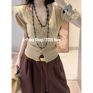 2026夏季新款小香风V领甜美设计感小众针织短袖开衫修身上衣女
