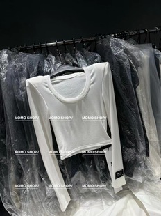 韩国东大门2025秋冬纯色简约T恤女U型领性感修身厚实短款打底衫