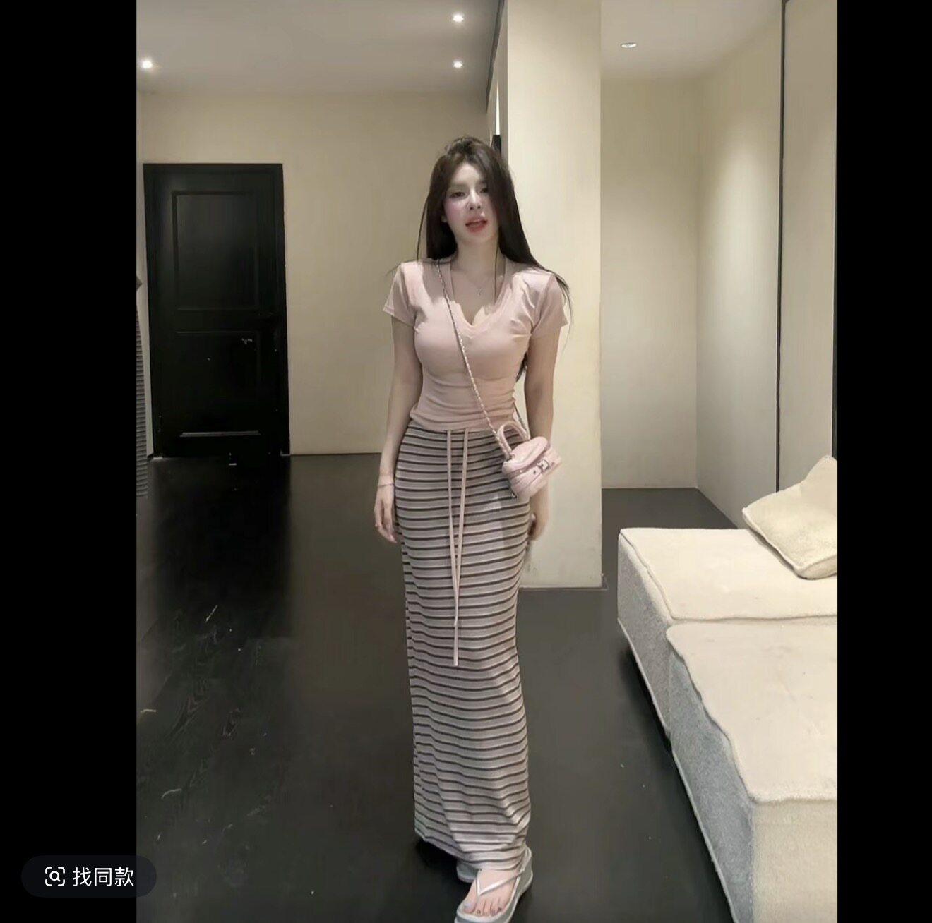 韩系慵懒风短袖T恤条纹半身长裙套装女夏季新款温柔气质感两件套