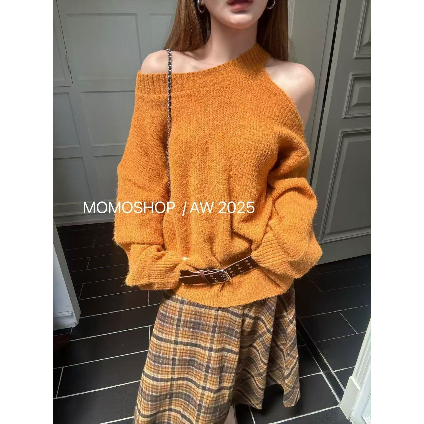 韩国东大门2025秋季新款洋气百搭显瘦斜肩针织衫配腰带毛衣女