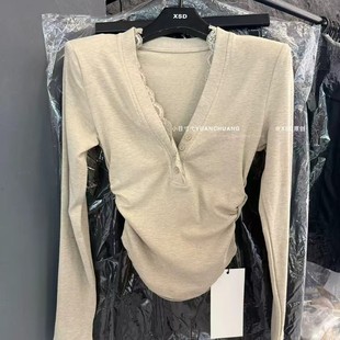 独特漂亮修身 韩版 内搭打底上衣 女2025秋冬新款 纯欲V领长袖