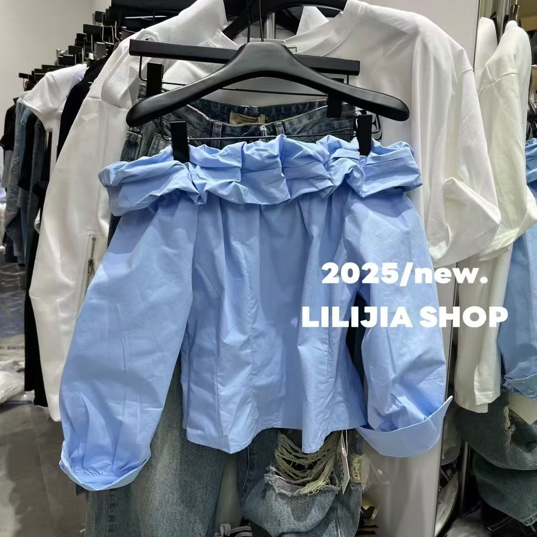 东大门2025春季新款黄色花边一字肩衬衫宽松百搭露肩上衣