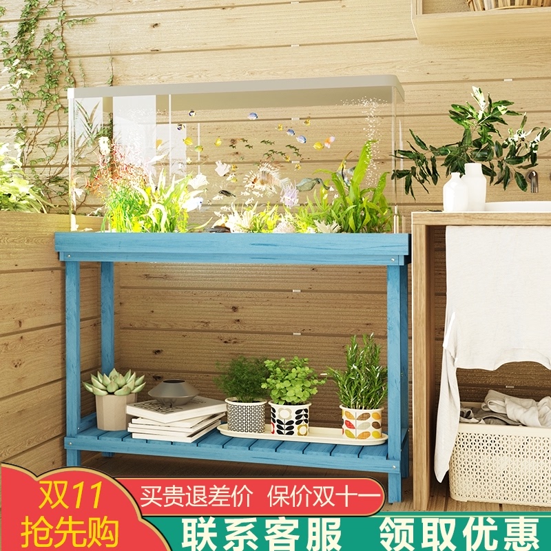 防腐木鱼缸架实木客厅承重底座托架多层花架一体订做放鱼缸的架子