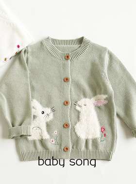 英国N家90-130女童秋季新款纯棉线毛绒兔子刺绣针织毛衣开衫外套