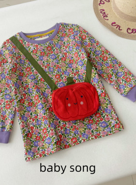 英国BD2-12岁女童纯棉24秋冬新款拉绒薄绒可爱碎花南瓜挎包卫衣裙