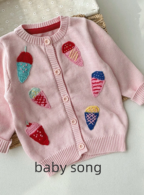 英国bd100-140女童25秋冬新重工手绣冰淇淋纯棉毛衣针织开衫外套