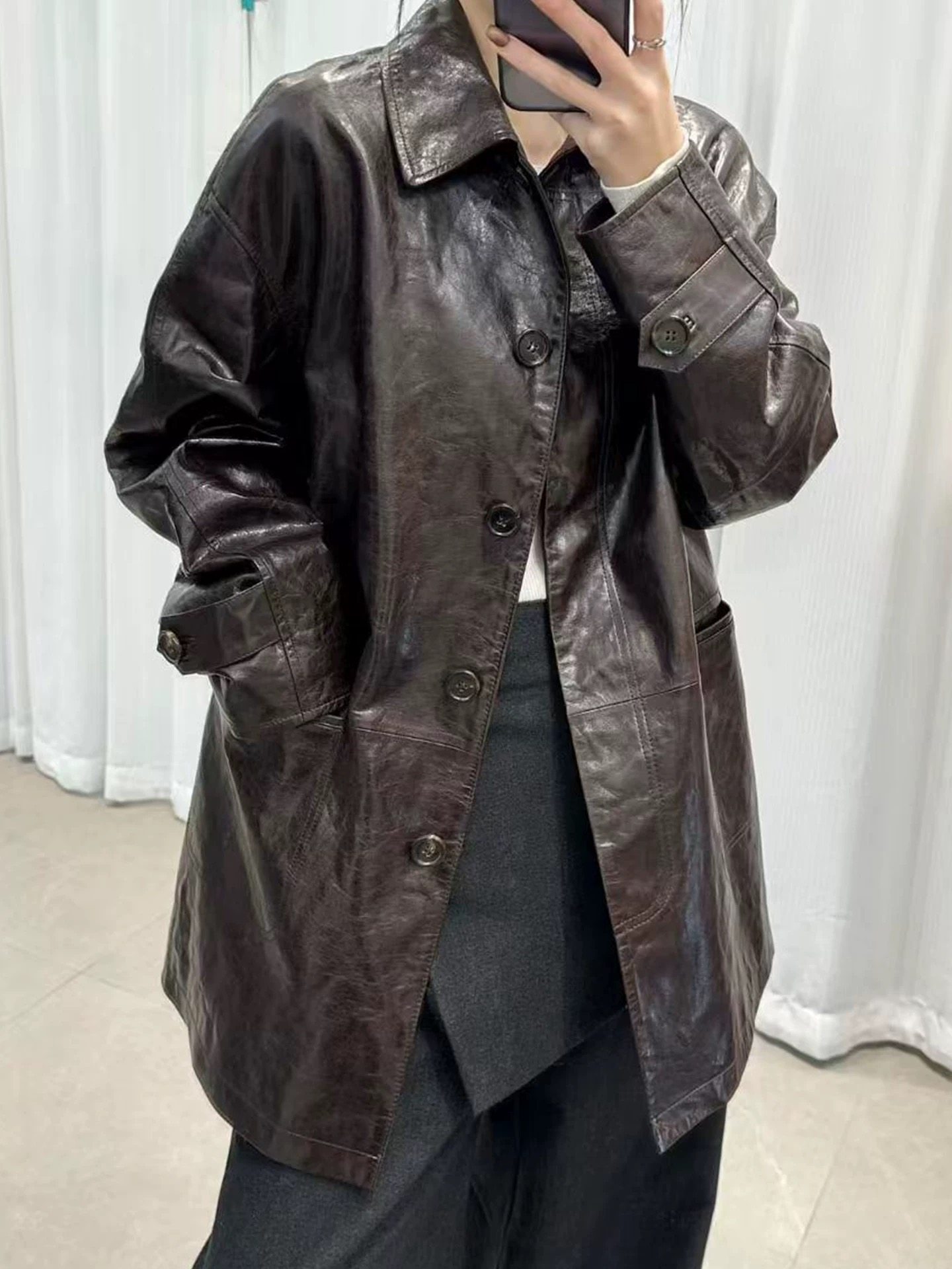 2026春新款进口油蜡头层绵羊皮皮衣中长外套女上衣风衣