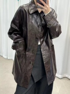 2026春新款进口油蜡头层绵羊皮皮衣中长外套女上衣风衣