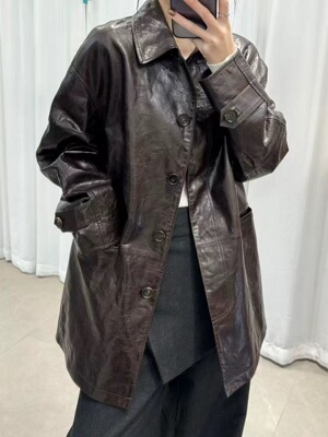 2026春新款进口油蜡头层绵羊皮皮衣中长外套女上衣风衣