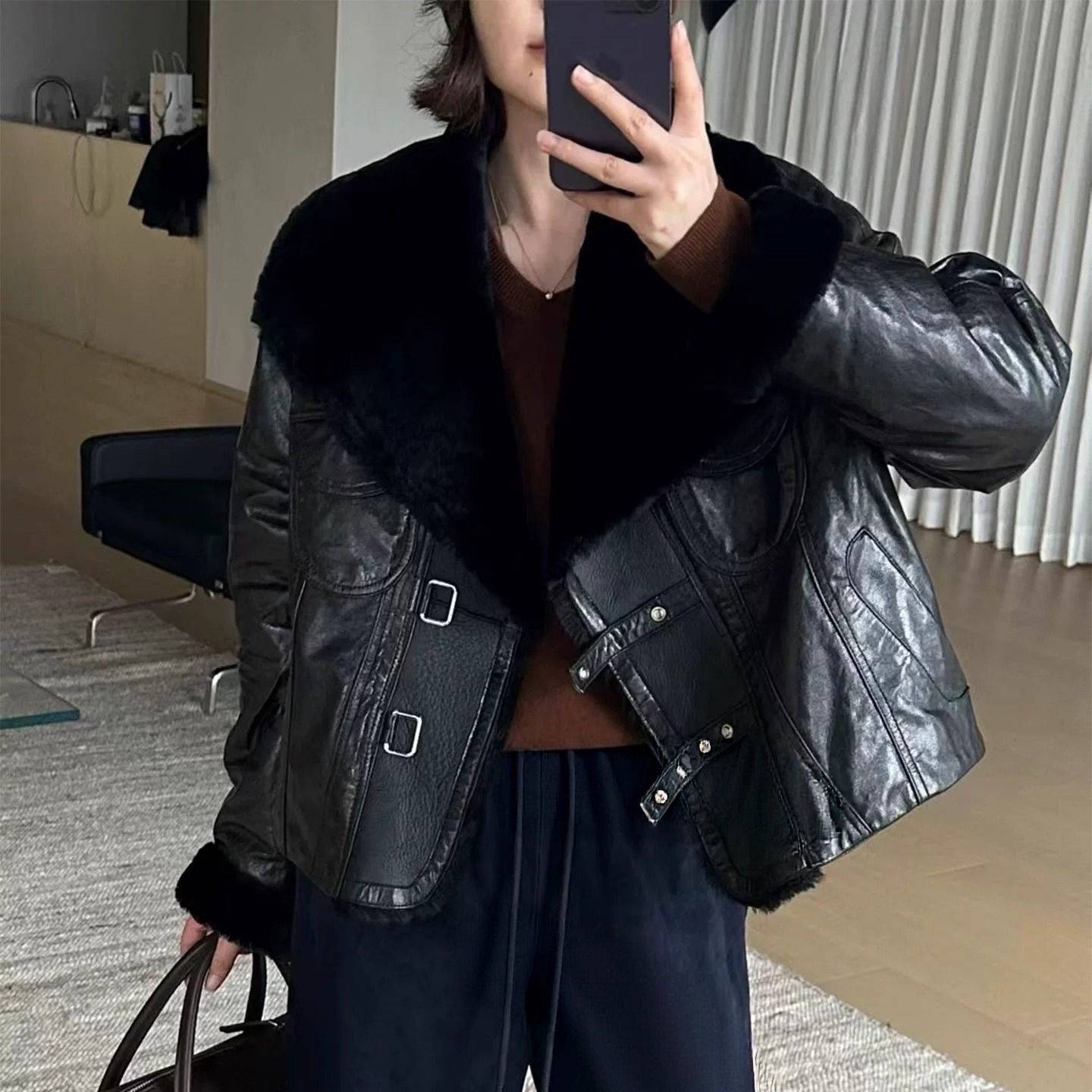 秋冬新款进口冷萃油蜡头层绵羊皮鹅绒服羊皮毛一体毛领羽绒外套