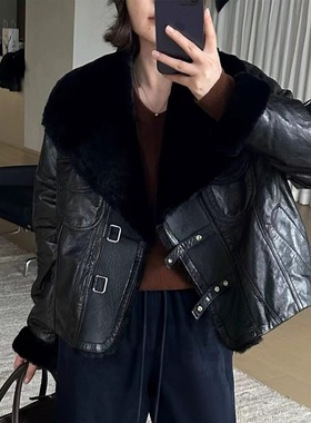 秋冬新款进口冷萃油蜡头层绵羊皮鹅绒服羊皮毛一体毛领羽绒外套