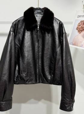 秋冬真皮皮衣女冷萃油蜡头层绵羊皮鹅绒短外套羽绒服羊皮毛一体