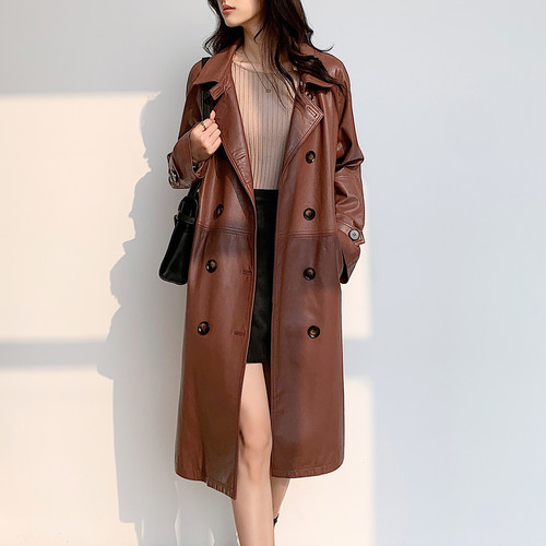 真皮头层绵羊皮中长风衣