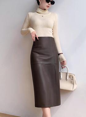 真皮皮裙头层绵羊皮高腰中长款直筒侧开叉一步包臀裙长裙秋
