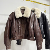 秋冬新款 进口油蜡头层绵羊皮皮衣水貂毛领羽绒鹅绒外套短款