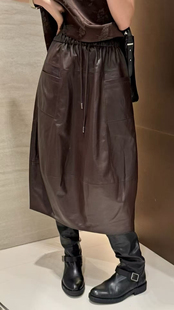 秋冬新款真皮进口植鞣绵羊皮皮裙中长花苞裙伞裙半身裙