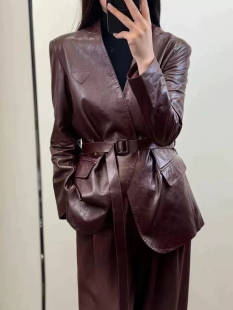 新款 收腰显瘦气质中长外套 真皮皮衣女进口植鞣绵羊皮西装