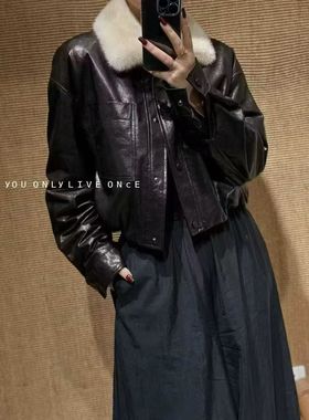 秋冬新款进口冷翠油蜡头层绵羊皮皮衣水貂毛领羽绒鹅绒服外套短款