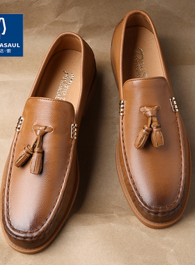 帕达索男鞋透气乐福鞋真皮复古流苏一脚蹬豆豆鞋休闲皮鞋潮240632