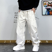 2026春秋美式 男直筒宽松百搭抽绳阔腿弯刀长裤 褶皱休闲痞帅工装 裤