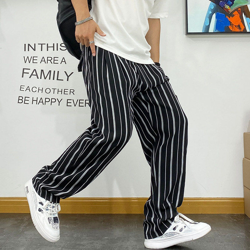 美式夏季新款宽松直筒竖条纹超薄运动哈伦卫裤男口袋装饰休闲长裤