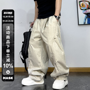 裤 男秋冬直筒宽松加绒铆钉休闲工装 子潮 复古重磅水洗弯刀长裤 美式