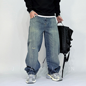 男2026春夏宽松直筒阔腿通勤休闲长裤 美式 复古水洗做旧破洞牛仔裤