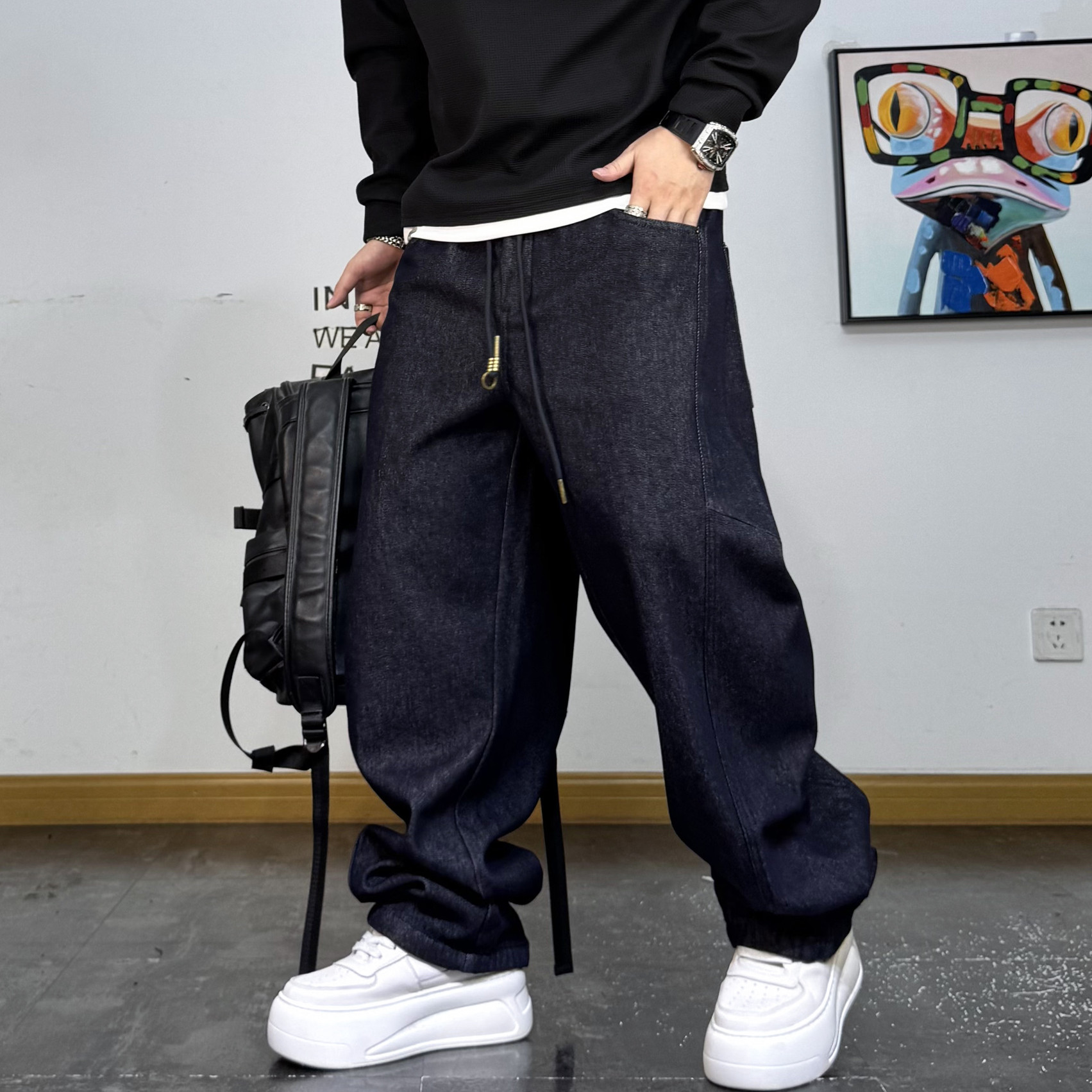 复古深蓝水洗做旧牛仔裤加绒弹力