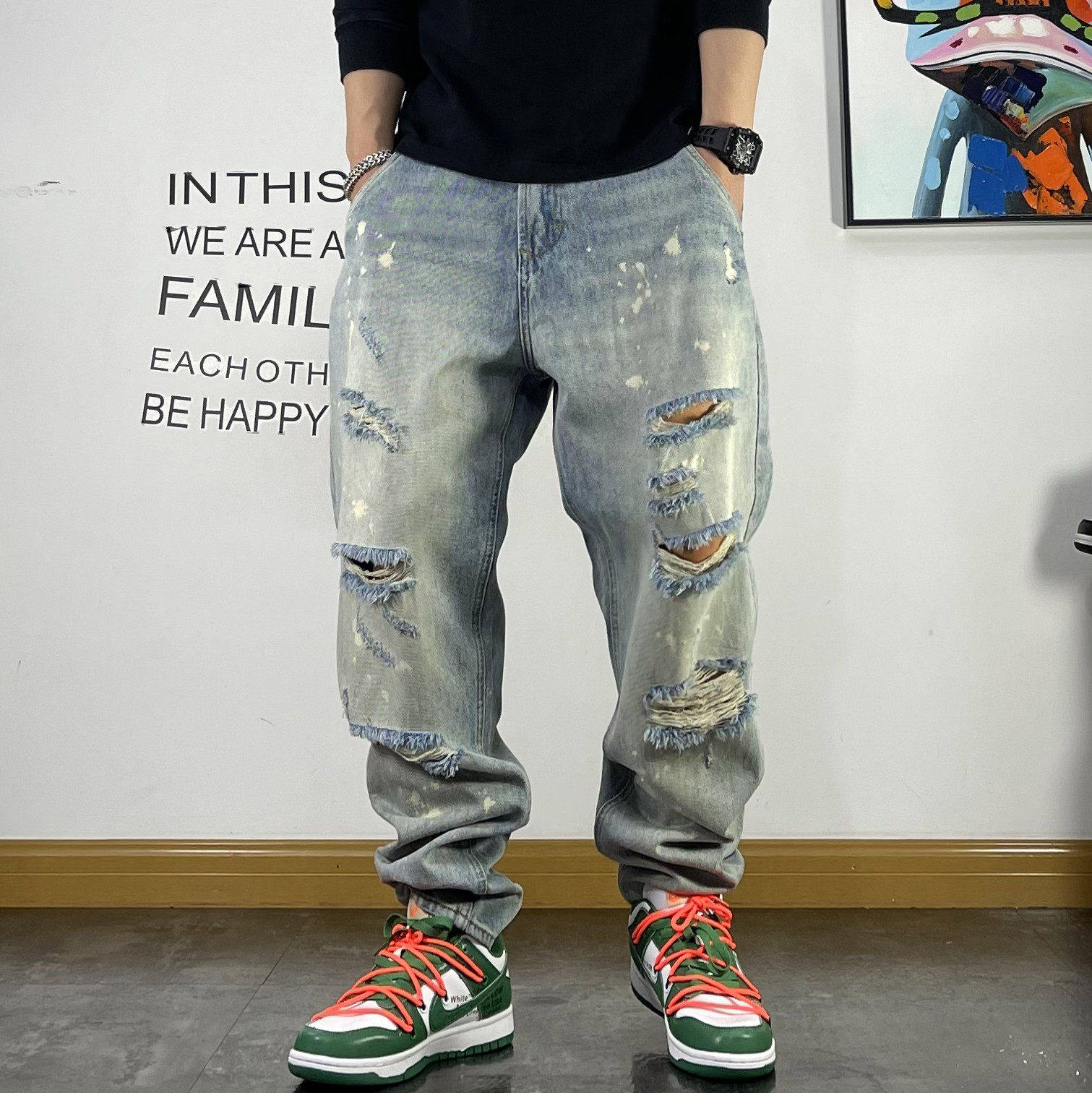 潮牌青年痞帅破洞拉风薄款牛仔裤男宽松个性水洗夏季新款乞丐裤子