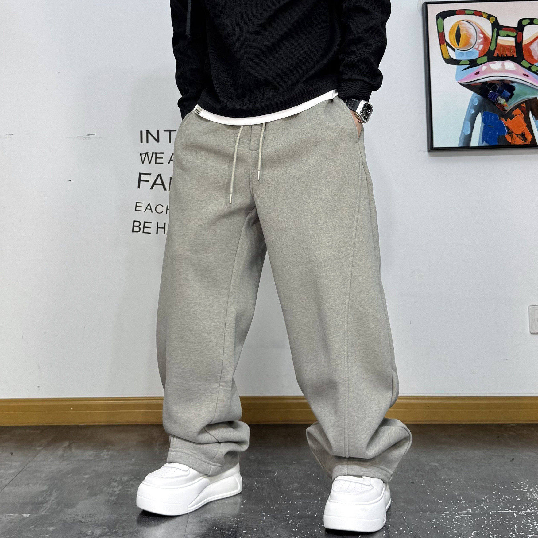 美式休闲简约纯色宽松直筒加绒卫裤男秋冬抽绳阔腿弯刀运动长裤潮,男装,卫裤,淘宝优惠券,粉丝福利购,淘宝优惠卷