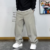 男秋冬抽绳阔腿弯刀运动长裤 美式 休闲简约纯色宽松直筒加绒卫裤 潮
