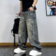 泼墨做旧水洗涂鸦印花宽松休闲高街阔腿牛仔裤 美式 街头时髦个性 男