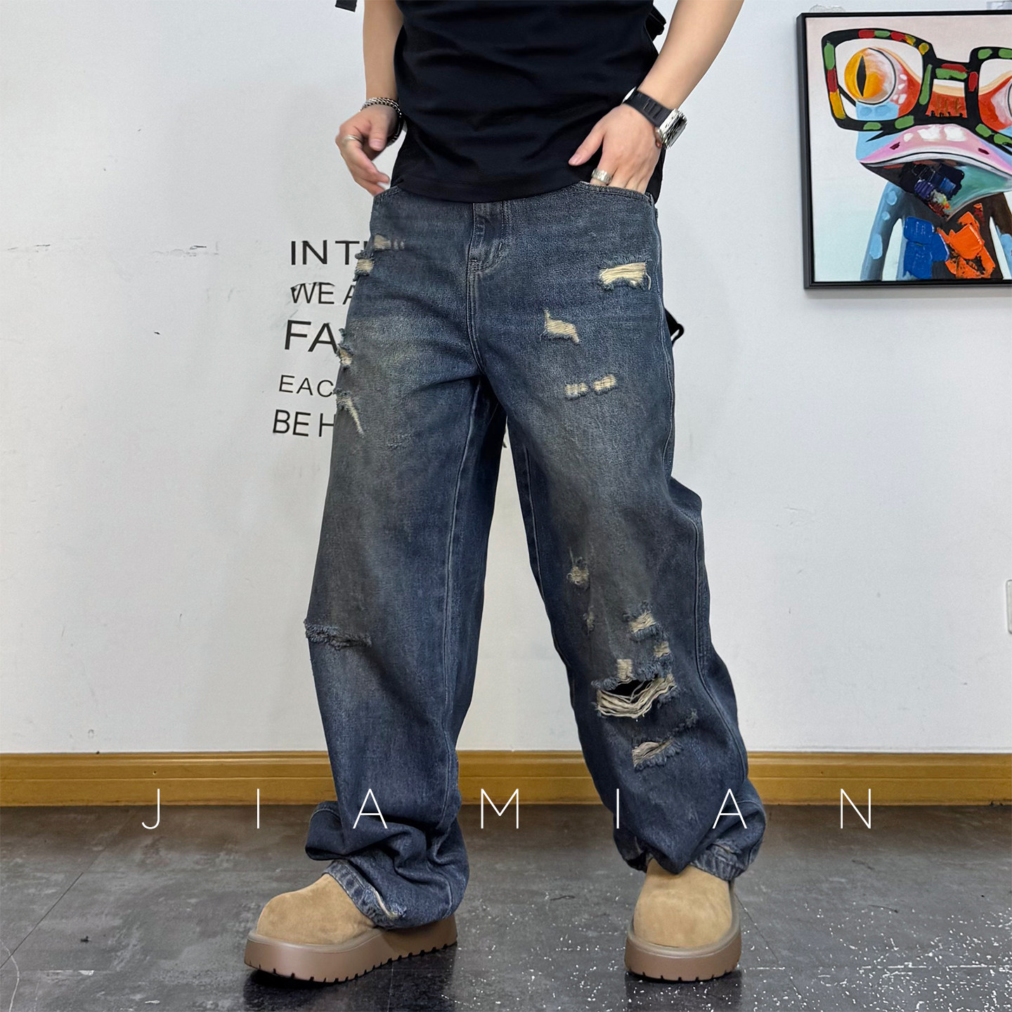 美式废土做旧复古水洗高街刮烂破洞vibe牛仔裤男宽松阔腿直筒长裤