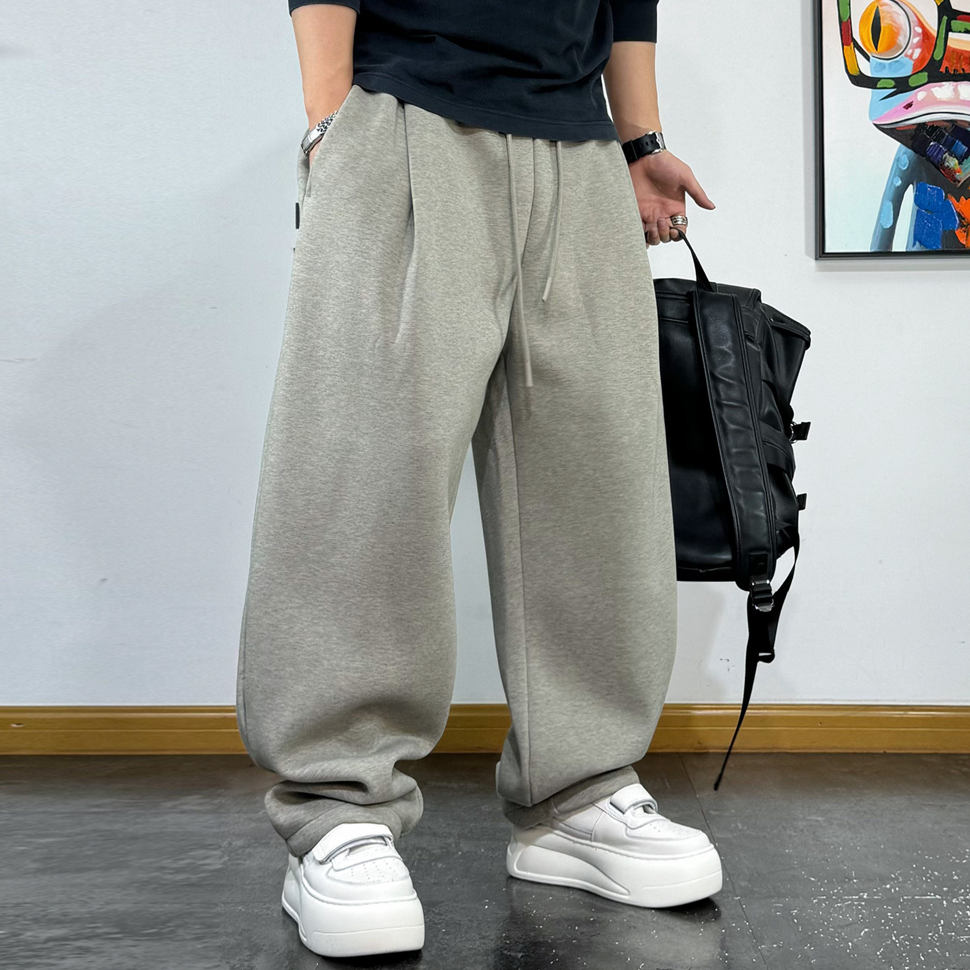 美式休闲宽松抽绳渐变加绒针织卫裤男冬款折痕设计青年加厚直筒裤