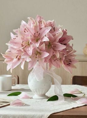 百合高温瓷器花瓶满釉插花真花鲜切花摆设餐桌装饰品桌面开店摆件